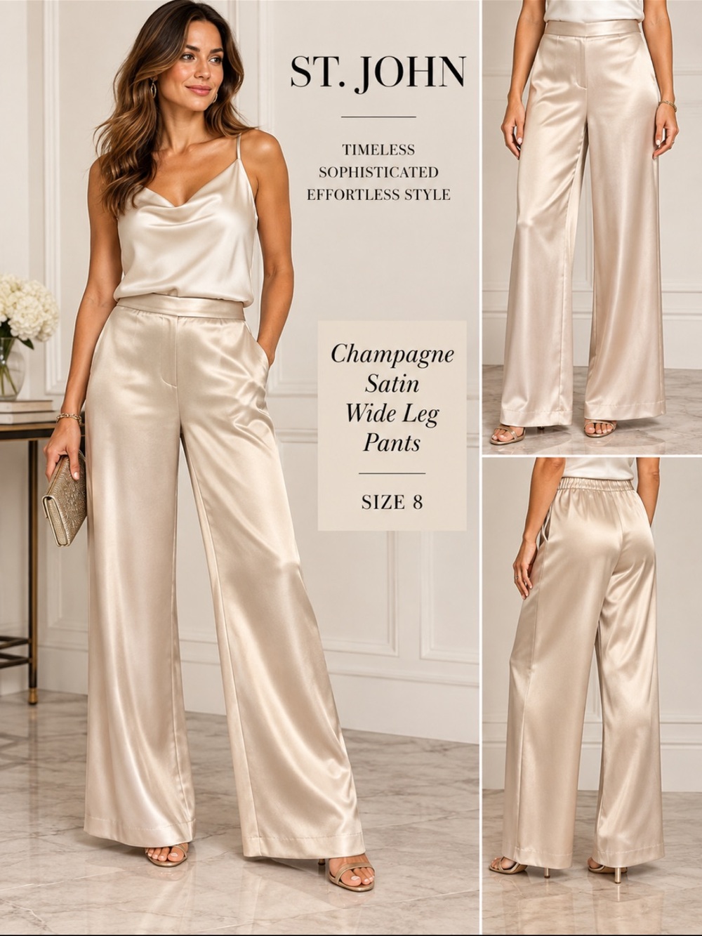 St. John Champagne Satin Wide Leg Pants Size 8 Quiet Luxury Evening